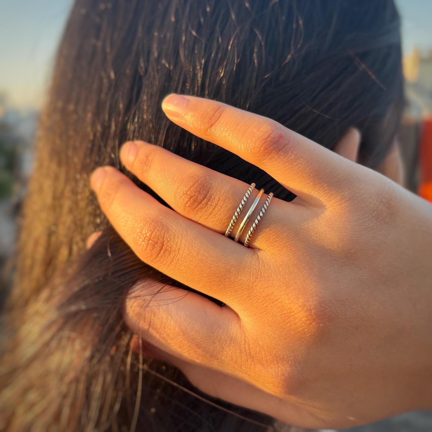 Silver Tri layered Stackable Ring and middi finger ring