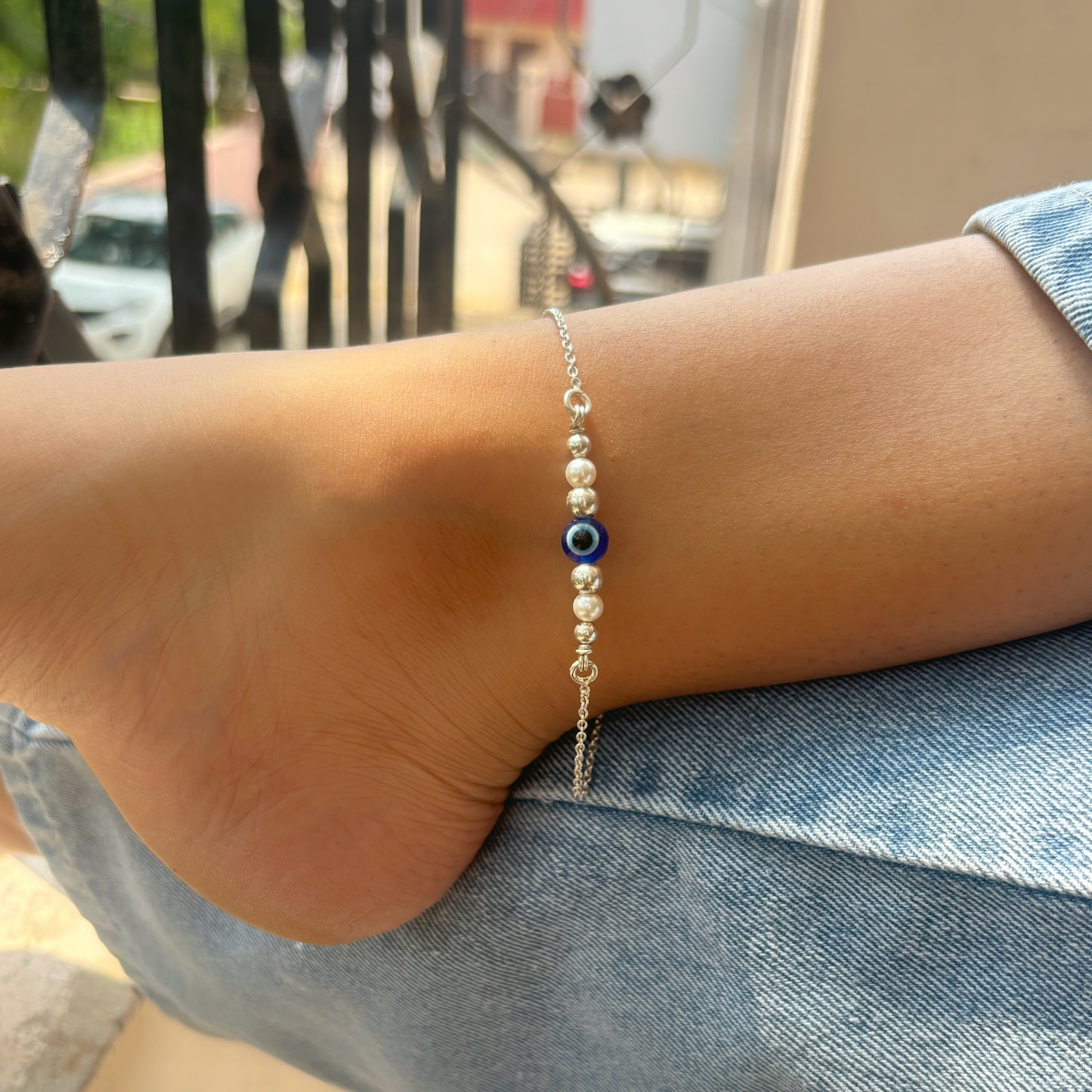 Silver Evil Eye anklet