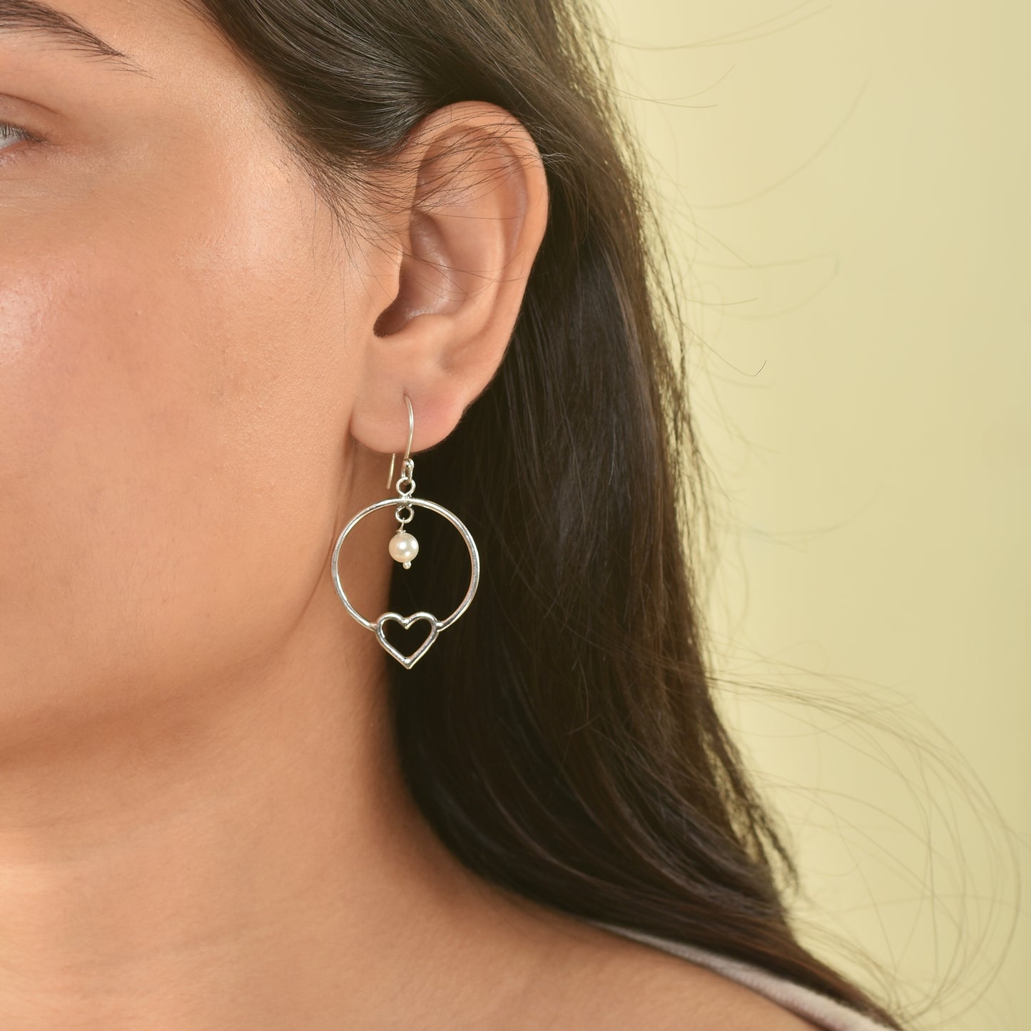 Silver Pearl Heart Dangle Earrings