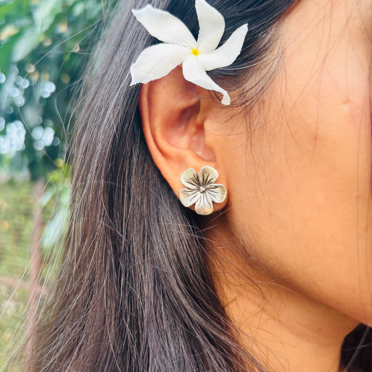 Silver Blossom Flower Stud Earrings