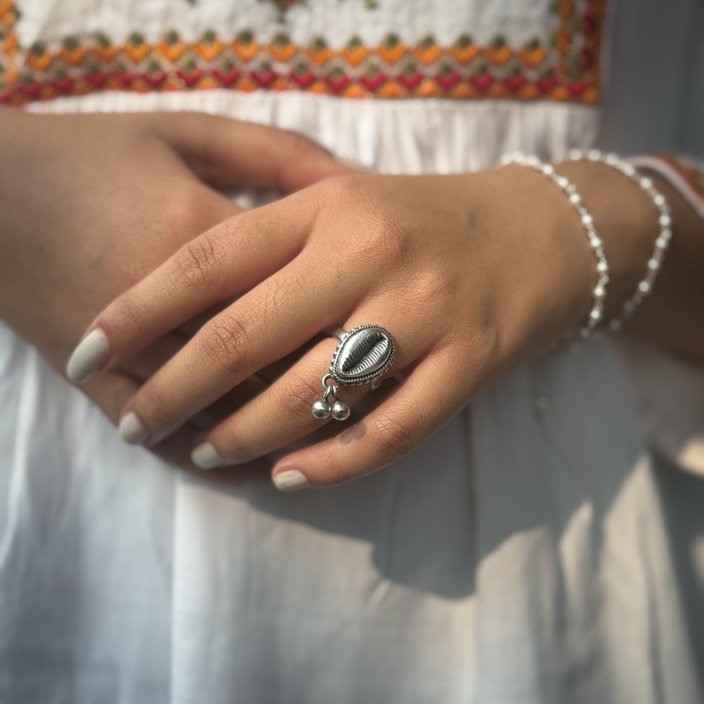Antique silver cowrie ring