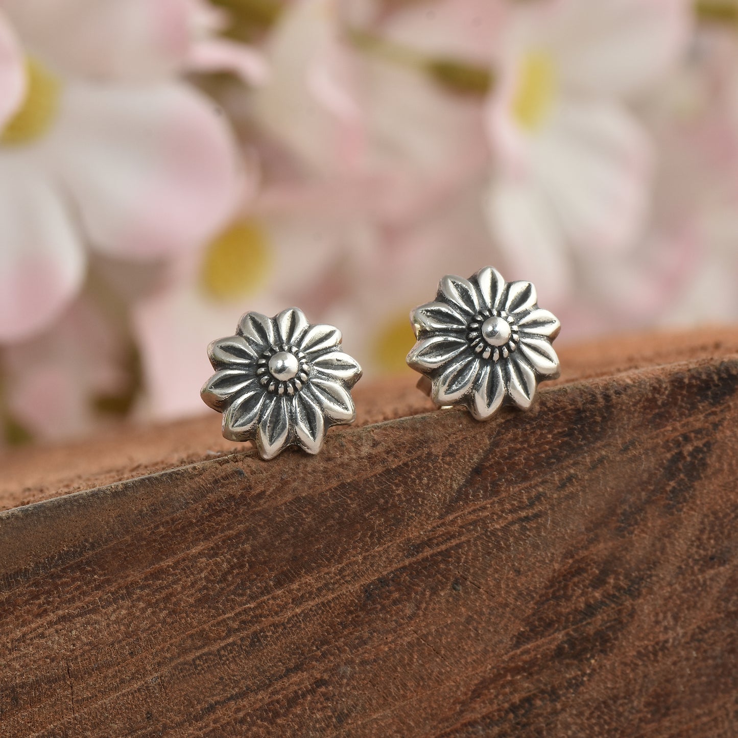 Silver Sun flower Stud Earrings