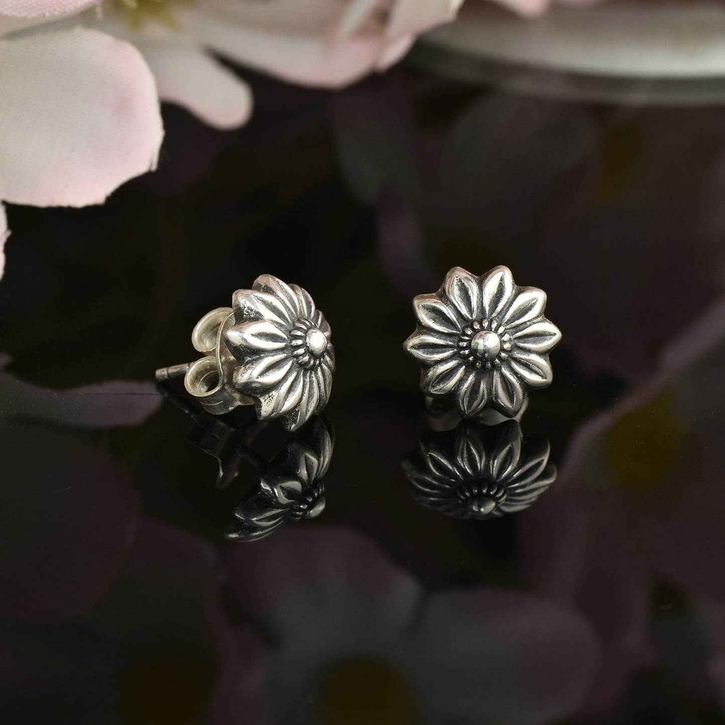 Silver Sun flower Stud Earrings