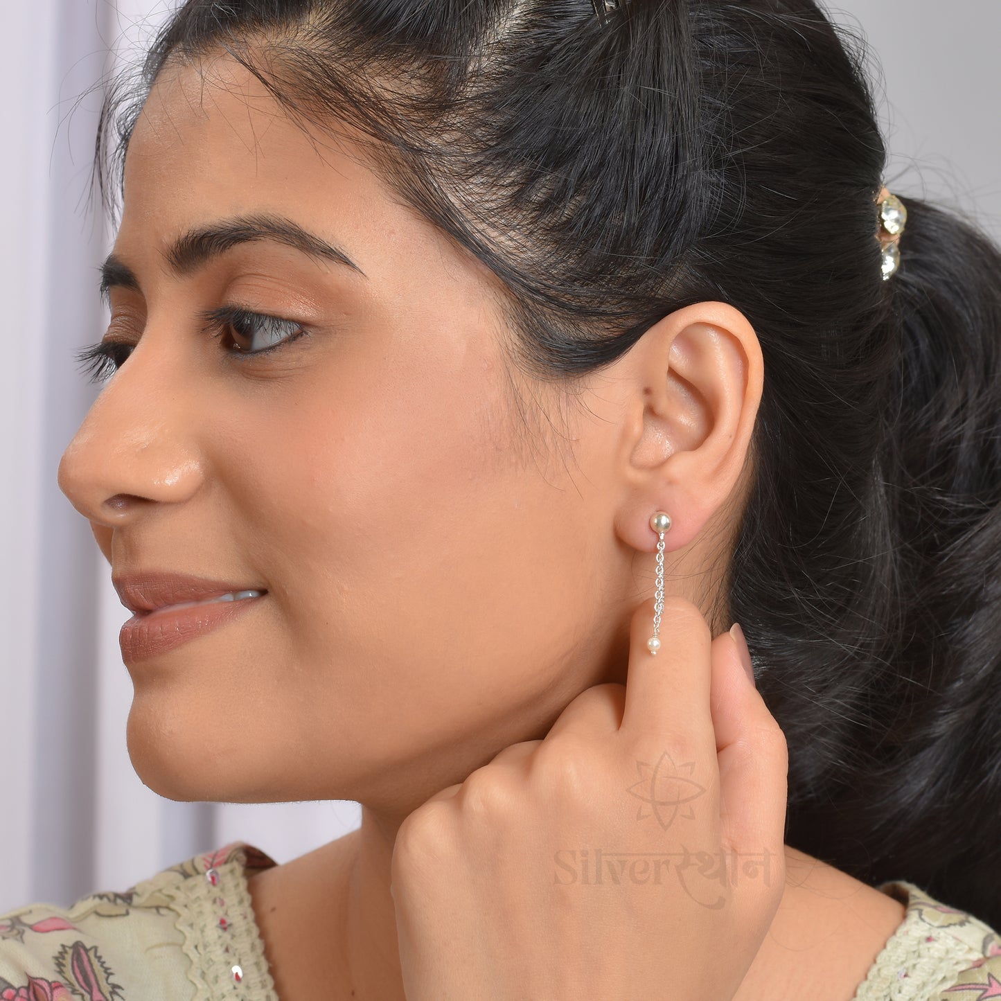 Silver Pearl Chain Droplet Earrings