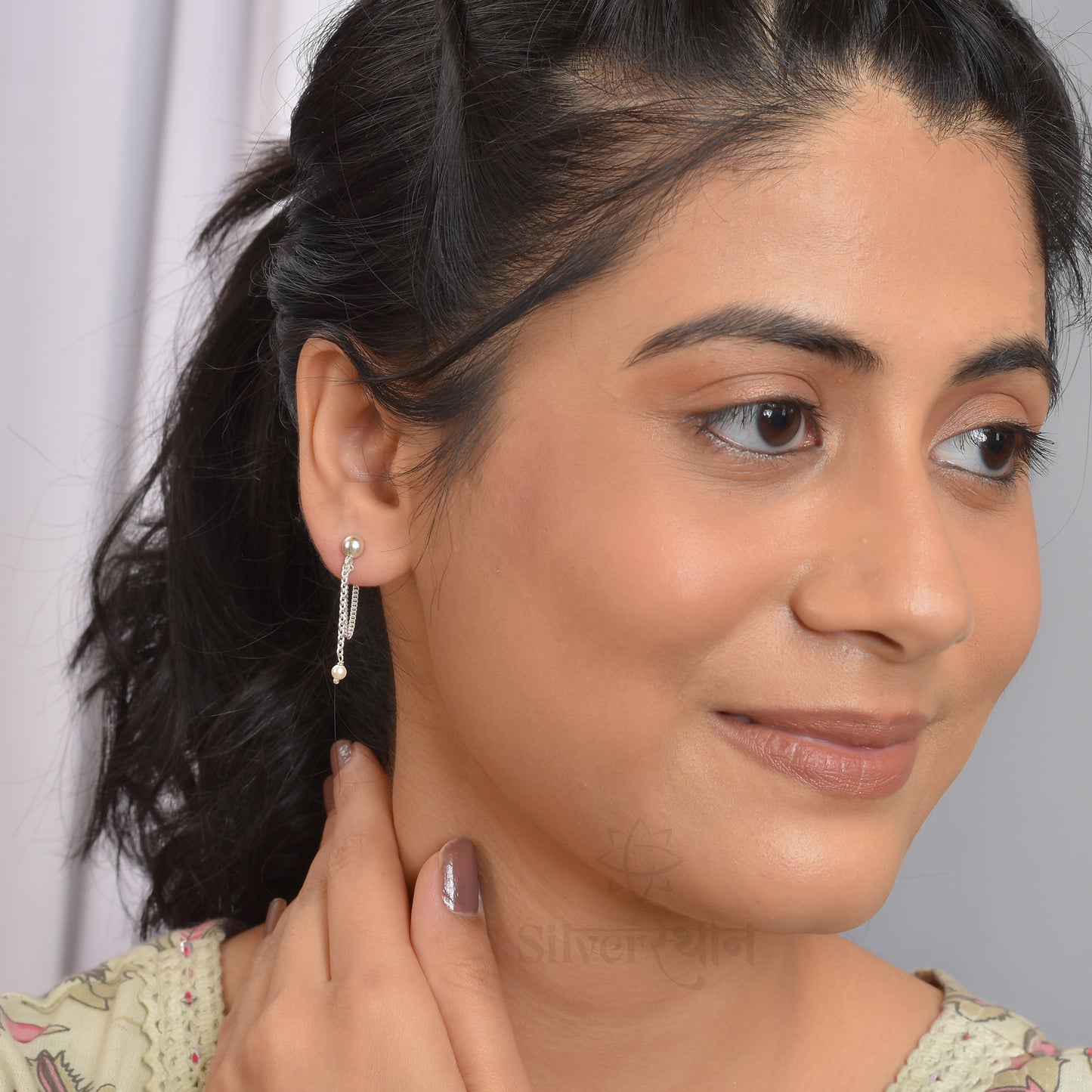 Silver Pearl Chain Droplet Earrings