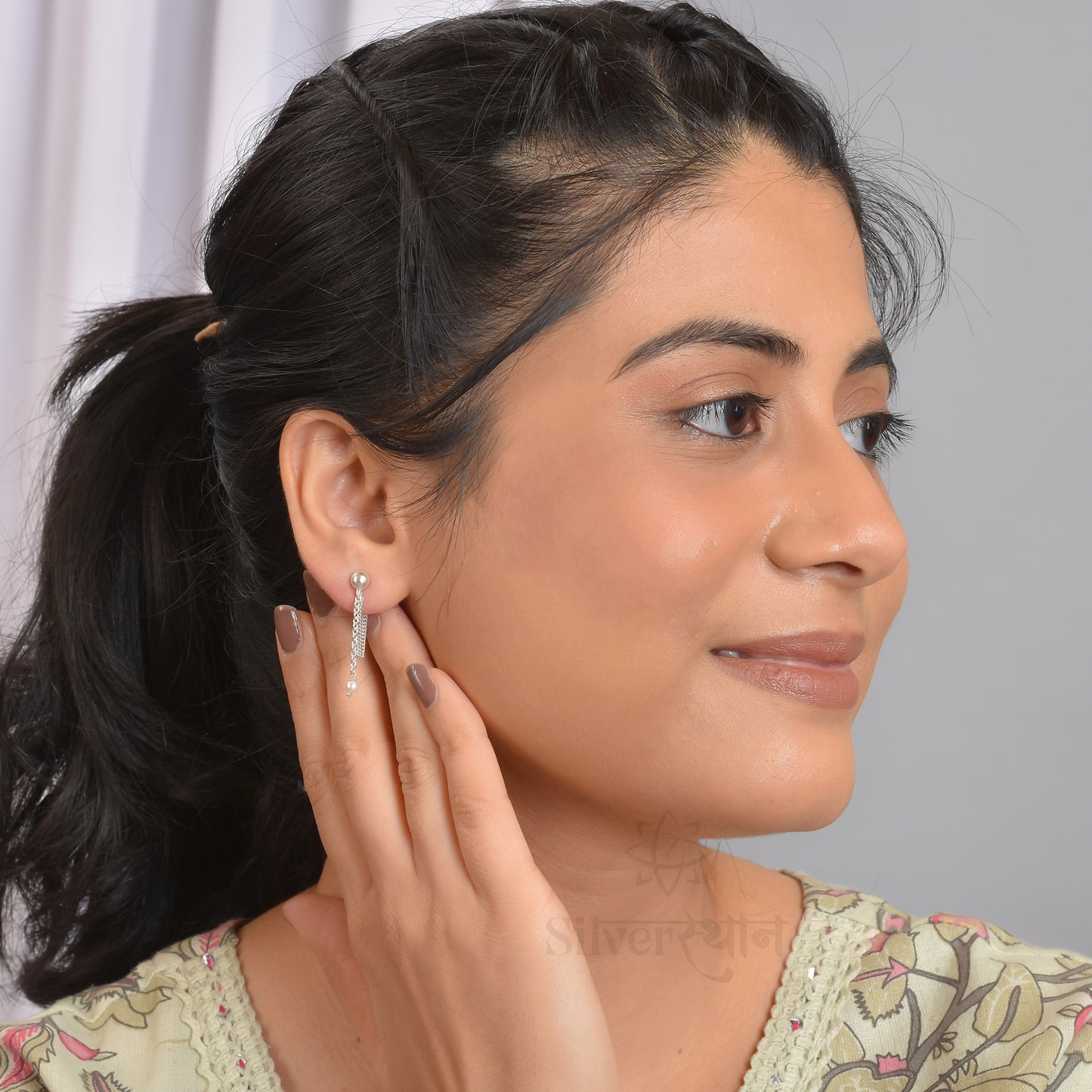 Silver Pearl Chain Droplet Earrings