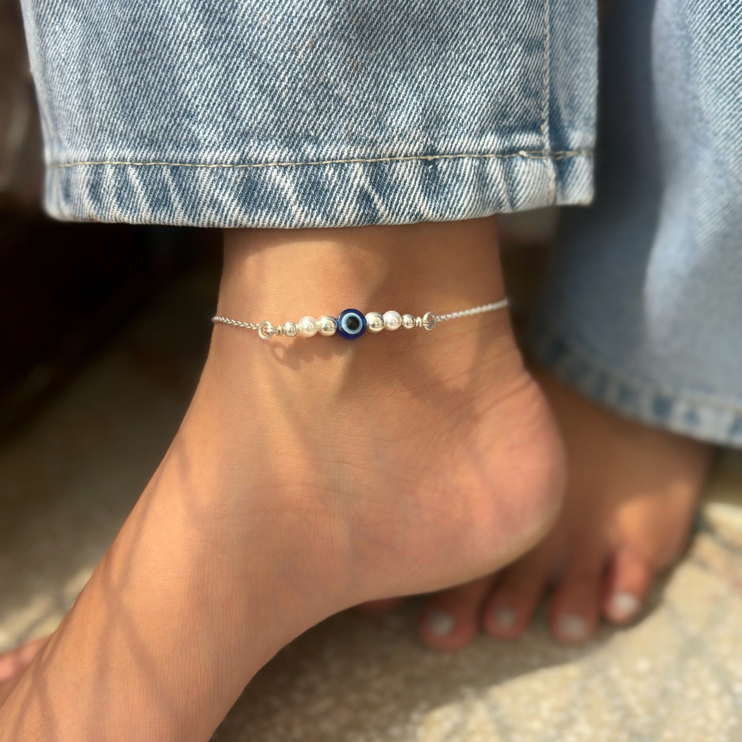 Silver Evil Eye anklet
