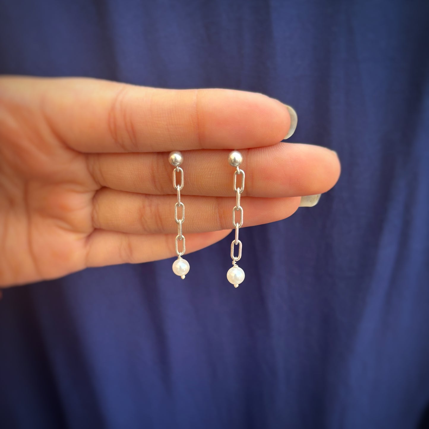 Silver Paper Clip Pearl Earrings