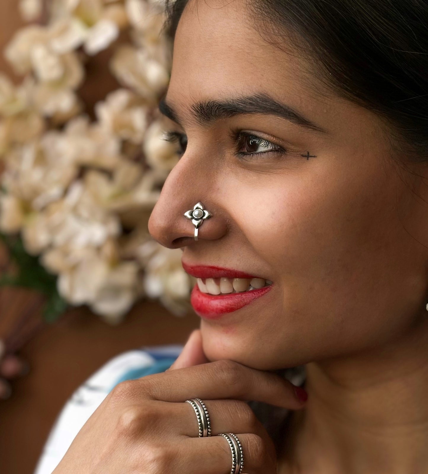 Silver Pearl Flower Nosepin( Wire/Clip-on)