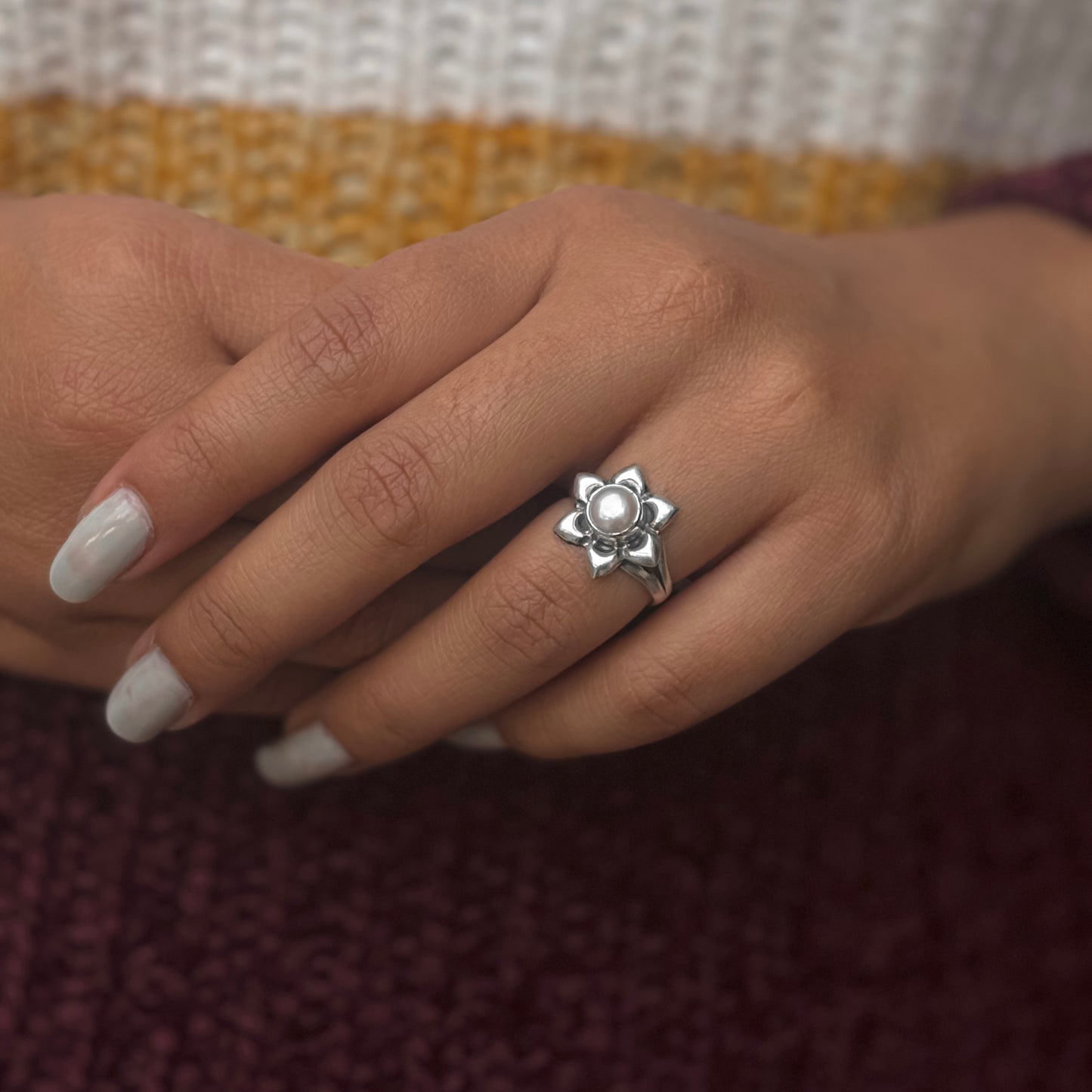 Silver Daisy Flower Pearl Ring