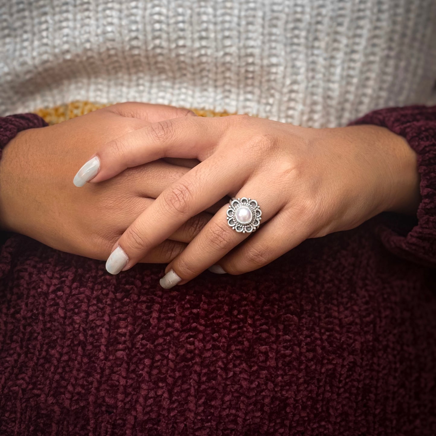 Silver Pearl Flower Ring