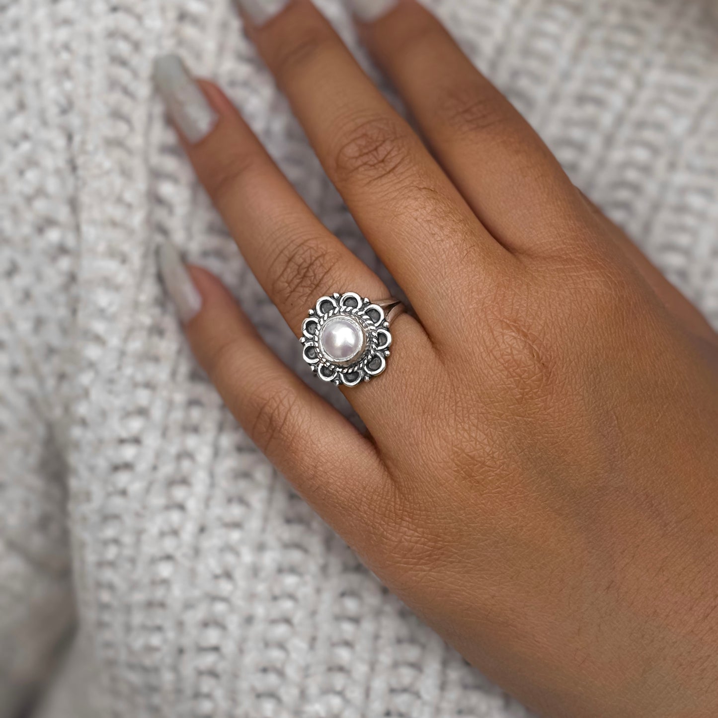 Silver Pearl Flower Ring
