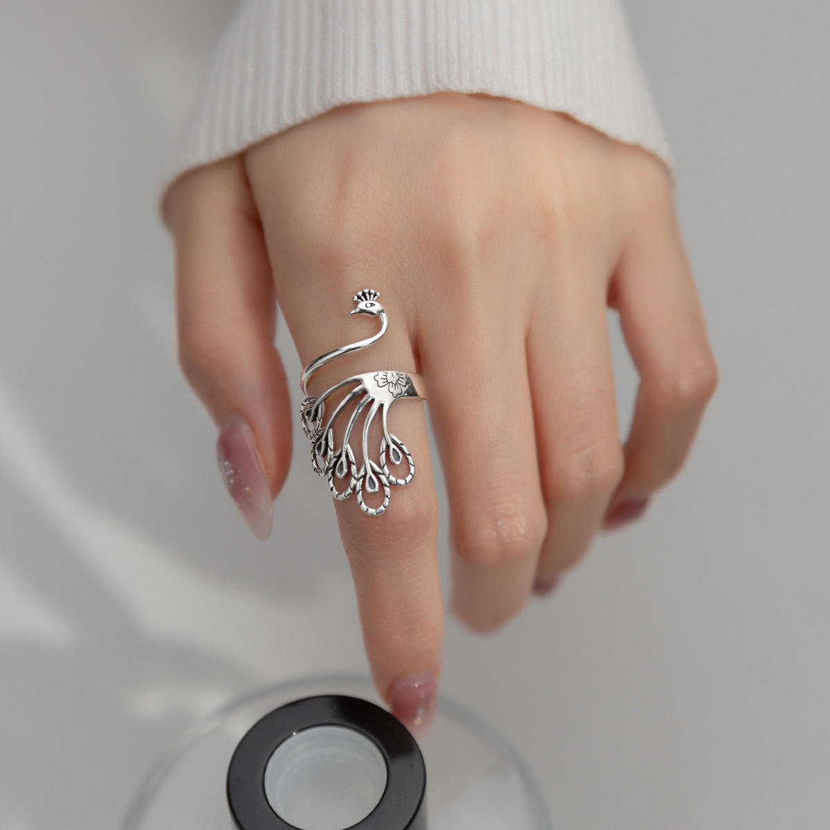 Peacock Feather Ring Made In Pure 925 Sterling Silver On Model Hand