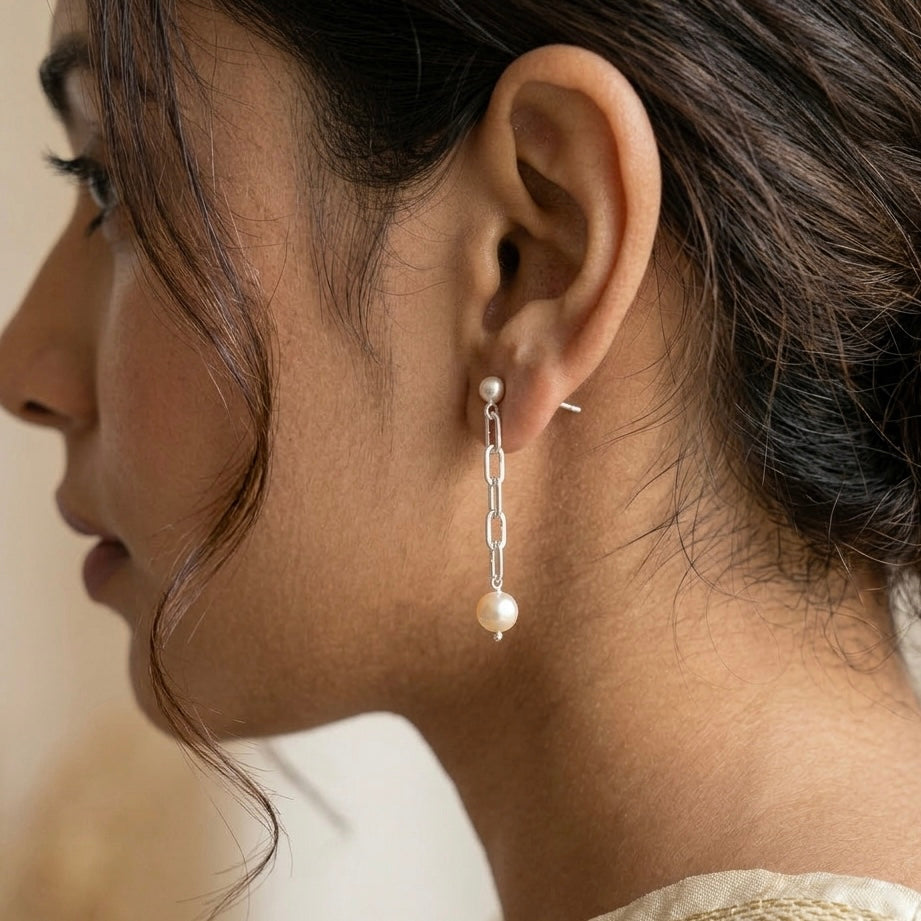 Silver Paper Clip Pearl Earrings