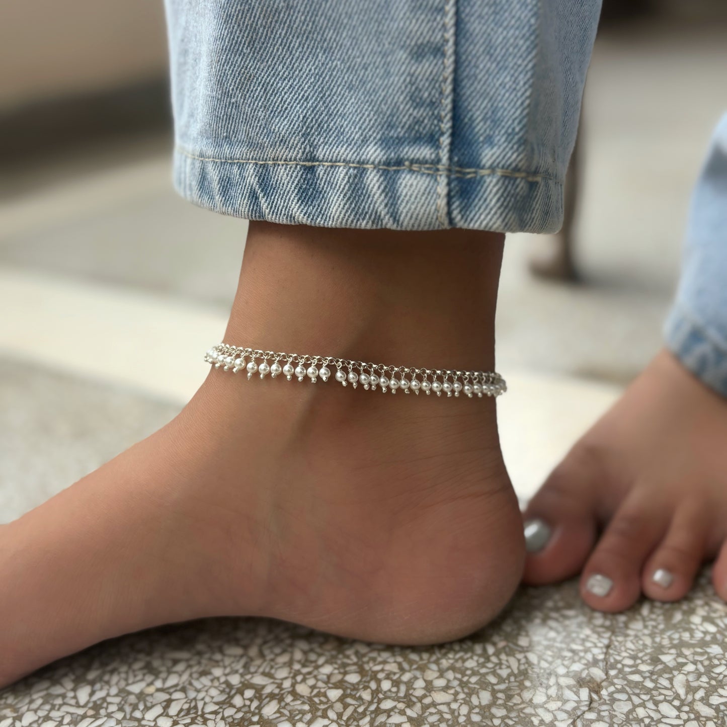 Silver Pearl droplet anklet
