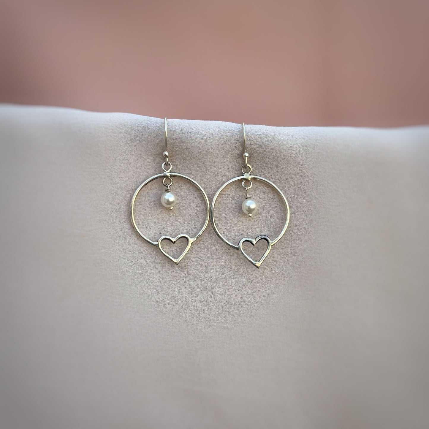 Silver Pearl Heart Dangle Earrings