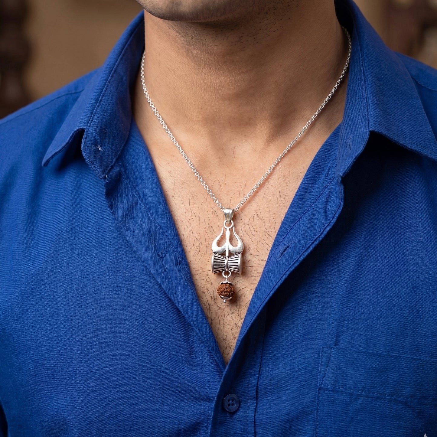 Silver Trishul Damru Pendant( With Original Panchmukhi Rudraksha)