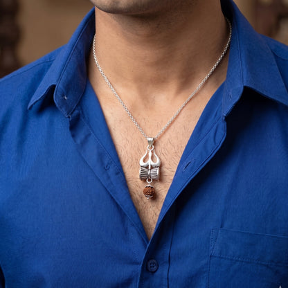 Silver Trishul Damru Pendant( With Original Panchmukhi Rudraksha)
