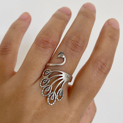 Silver Peacock Feather Adjustable Ring