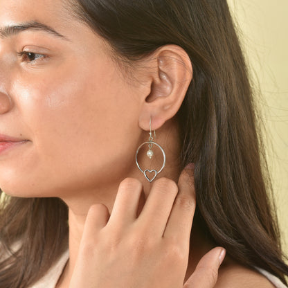 Silver Pearl Heart Dangle Earrings