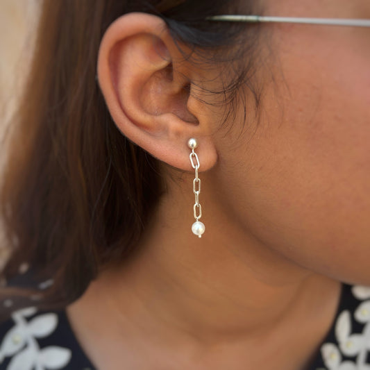 Silver Paper Clip Pearl Earrings