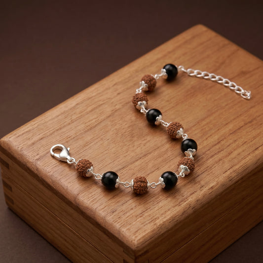 Silver Karungali and Rudraksh Beads Bracelet