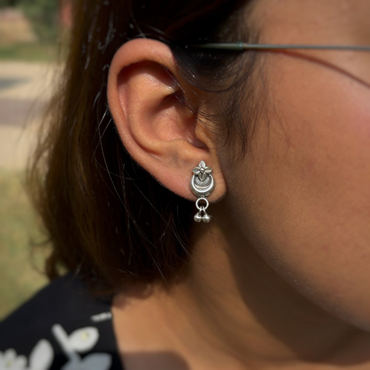 Silver Crescent Flower Bells Earrings