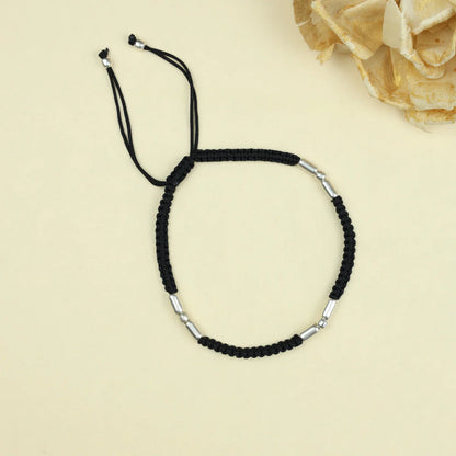 Silver Cylindrical Bead Nazarbattu Black Thread Anklet