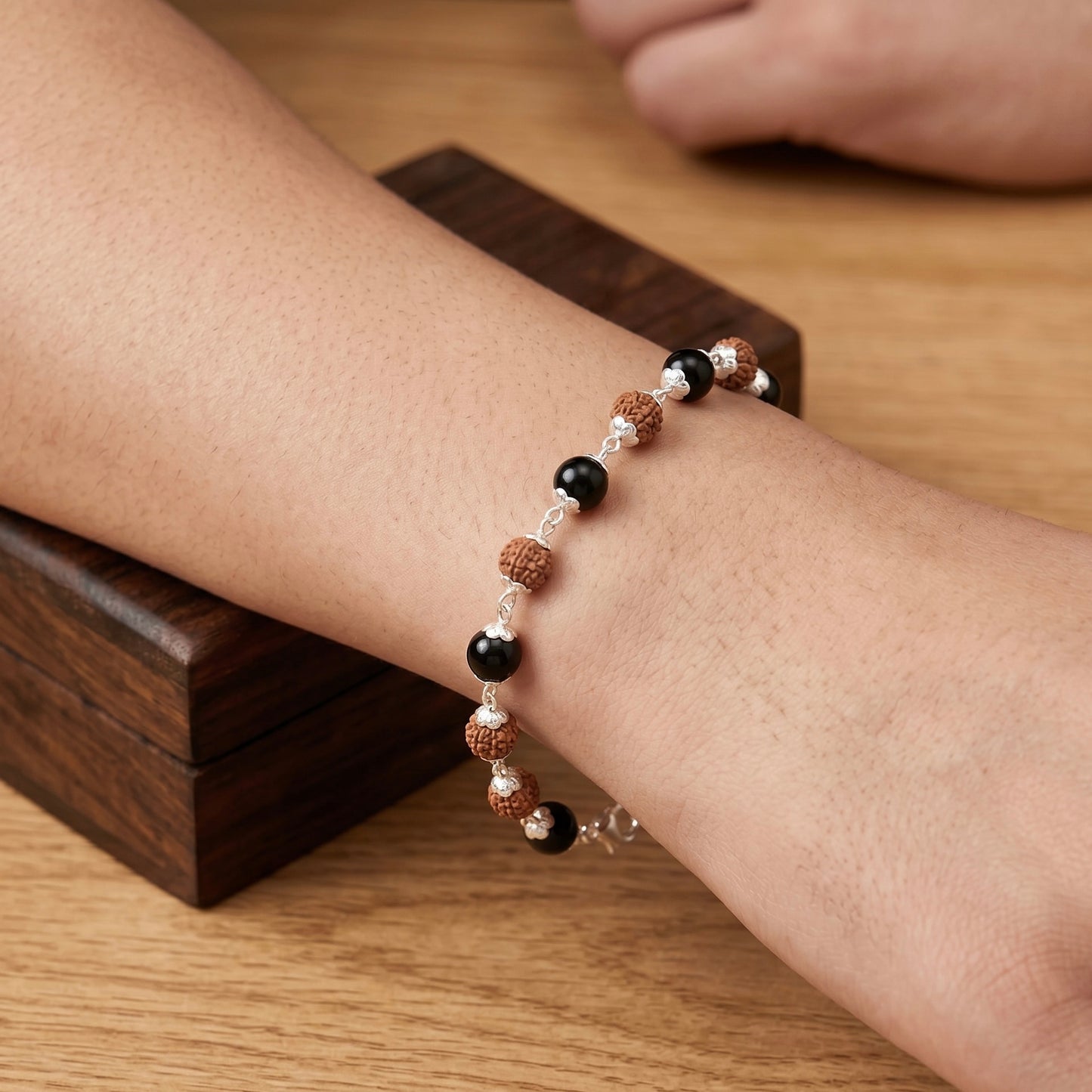 Silver Karungali and Rudraksh Beads Bracelet