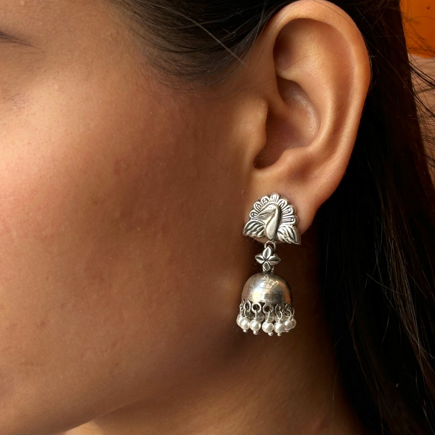 Silver Peacock Jhumka Earrings