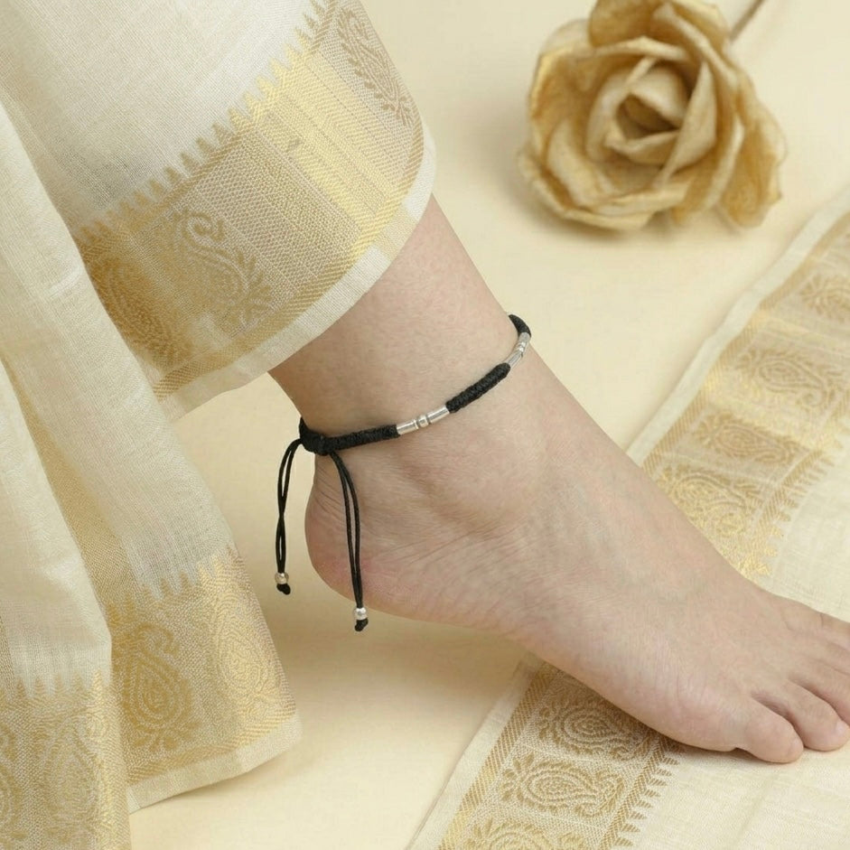 Silver Cylindrical Bead Nazarbattu Black Thread Anklet