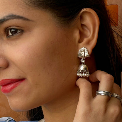 Silver Peacock Jhumka Earrings