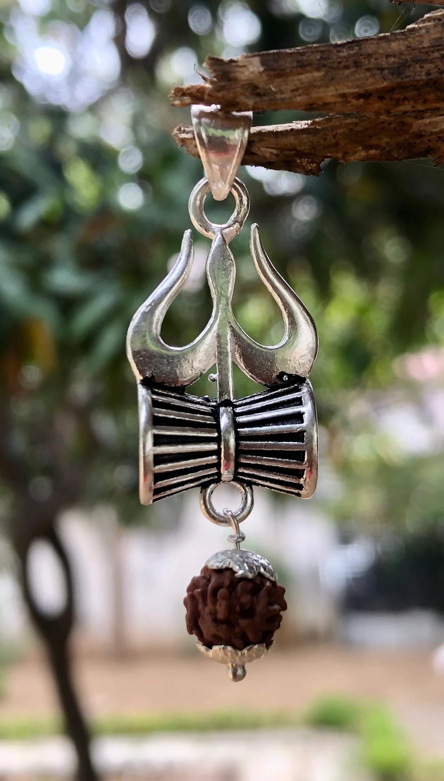 Silver Trishul Damru Pendant( With Original Panchmukhi Rudraksha)