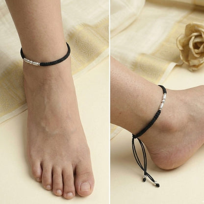 Silver Single Cylindrical Beads Black Thread Anklet