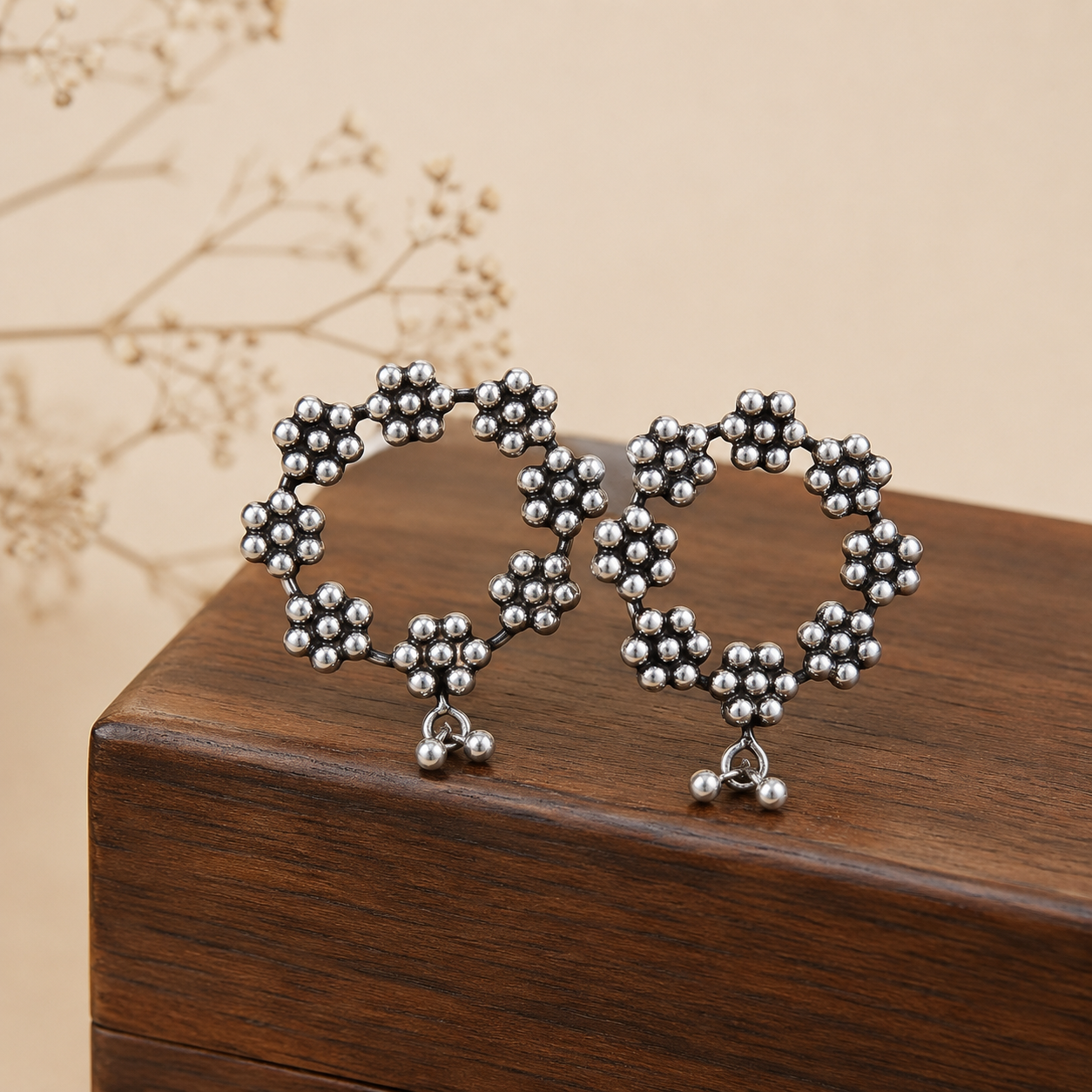 Silver Daisy Flower Bouquets Earrings With Bells