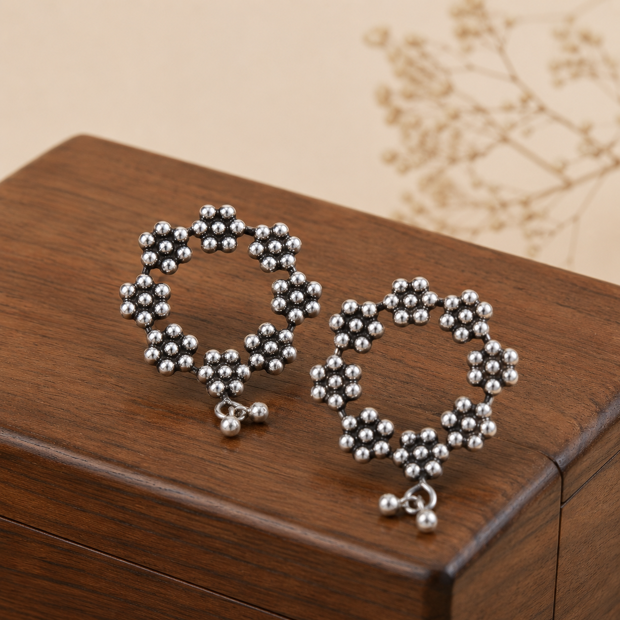 Silver Daisy Flower Bouquets Earrings With Bells
