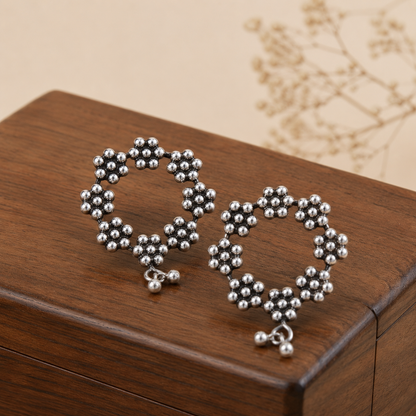 Silver Daisy Flower Bouquets Earrings With Bells