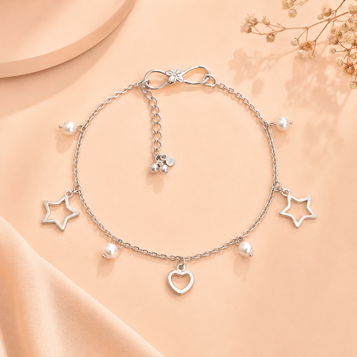Silver Love Star Pearl Drop Anklet