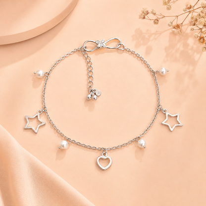 Silver Love Star Pearl Drop Anklet