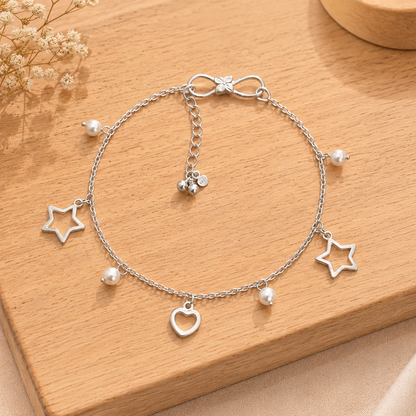 Silver Love Star Pearl Drop Anklet