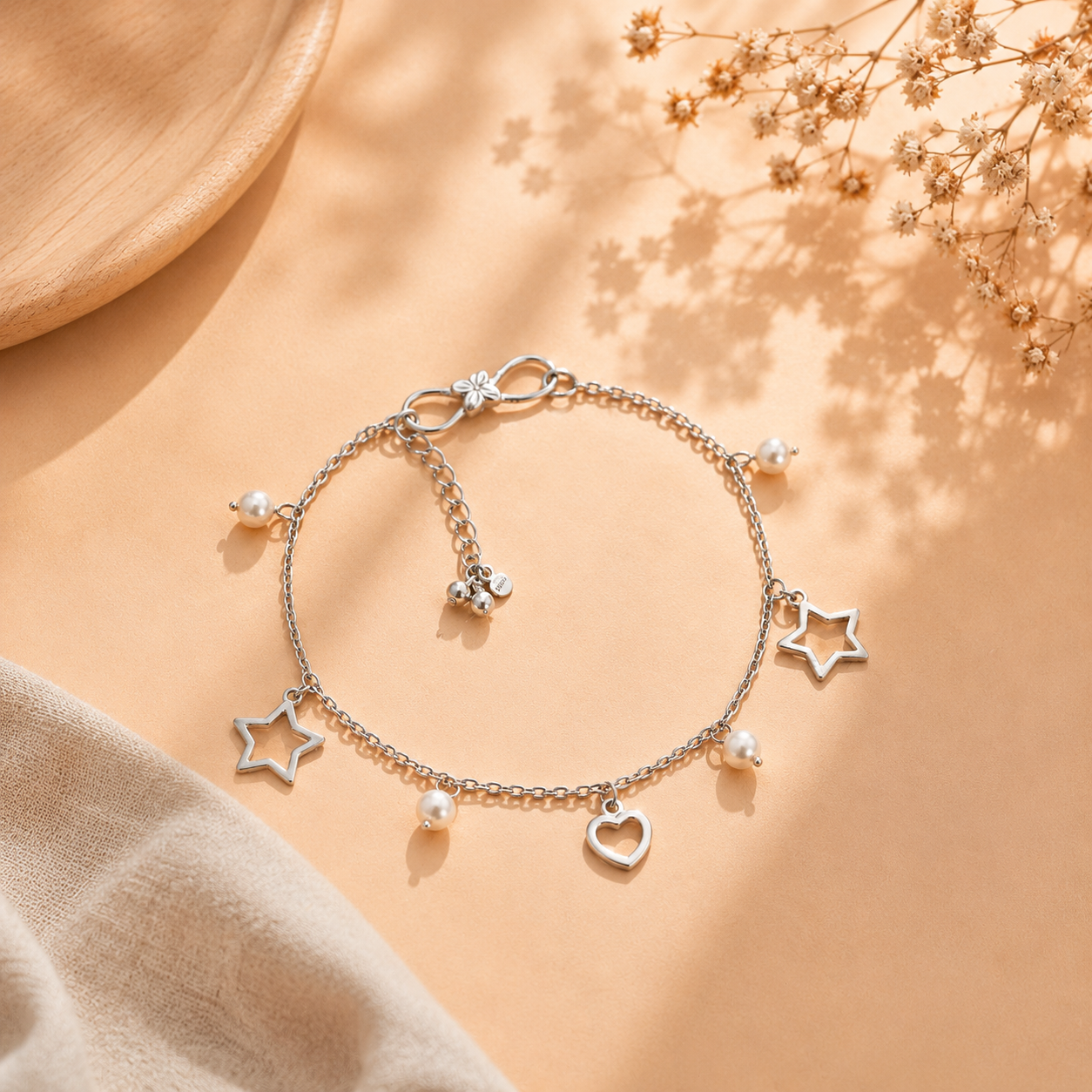 Silver Love Star Pearl Drop Anklet