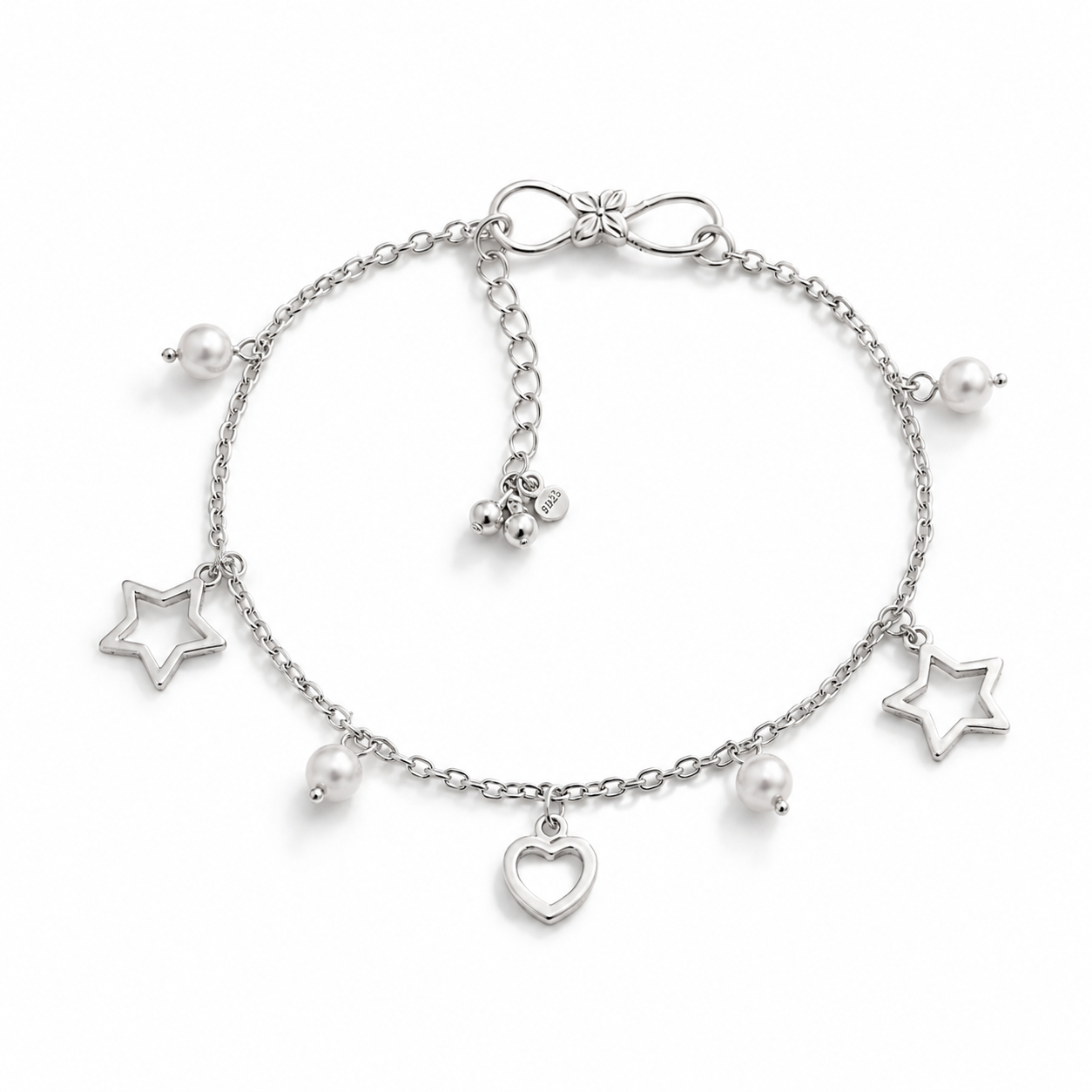 Silver Love Star Pearl Drop Anklet