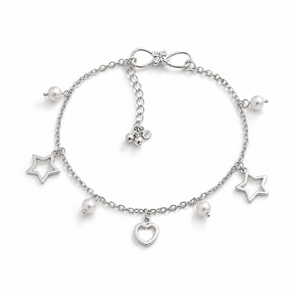 Silver Love Star Pearl Drop Anklet