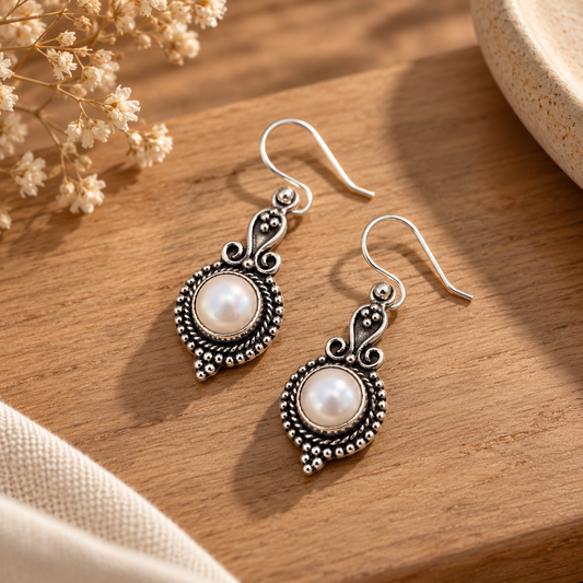 Silver Rava Pearl Dangle Earrings