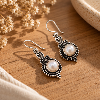 Silver Rava Pearl Dangle Earrings