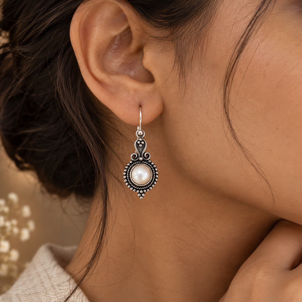 Silver Rava Pearl Dangle Earrings