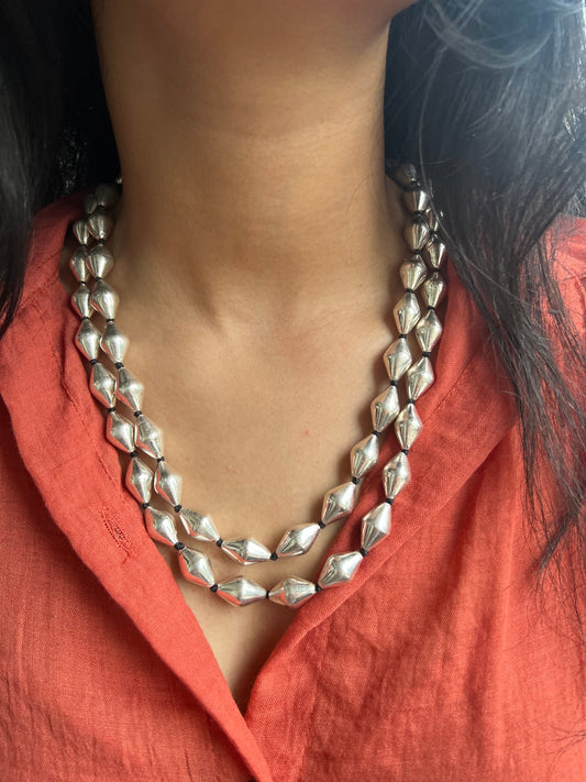 Silver Two Layered Dholki Beads Necklace