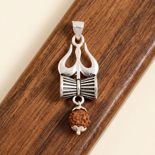 Silver Trishul Damru Pendant( With Original Panchmukhi Rudraksha)