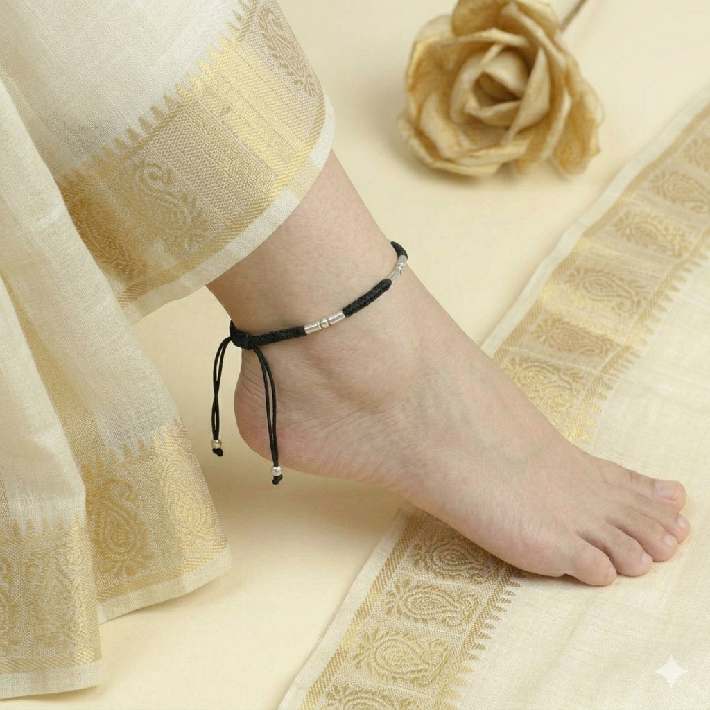 Silver Cylindrical Bead Nazarbattu Black Thread Anklet