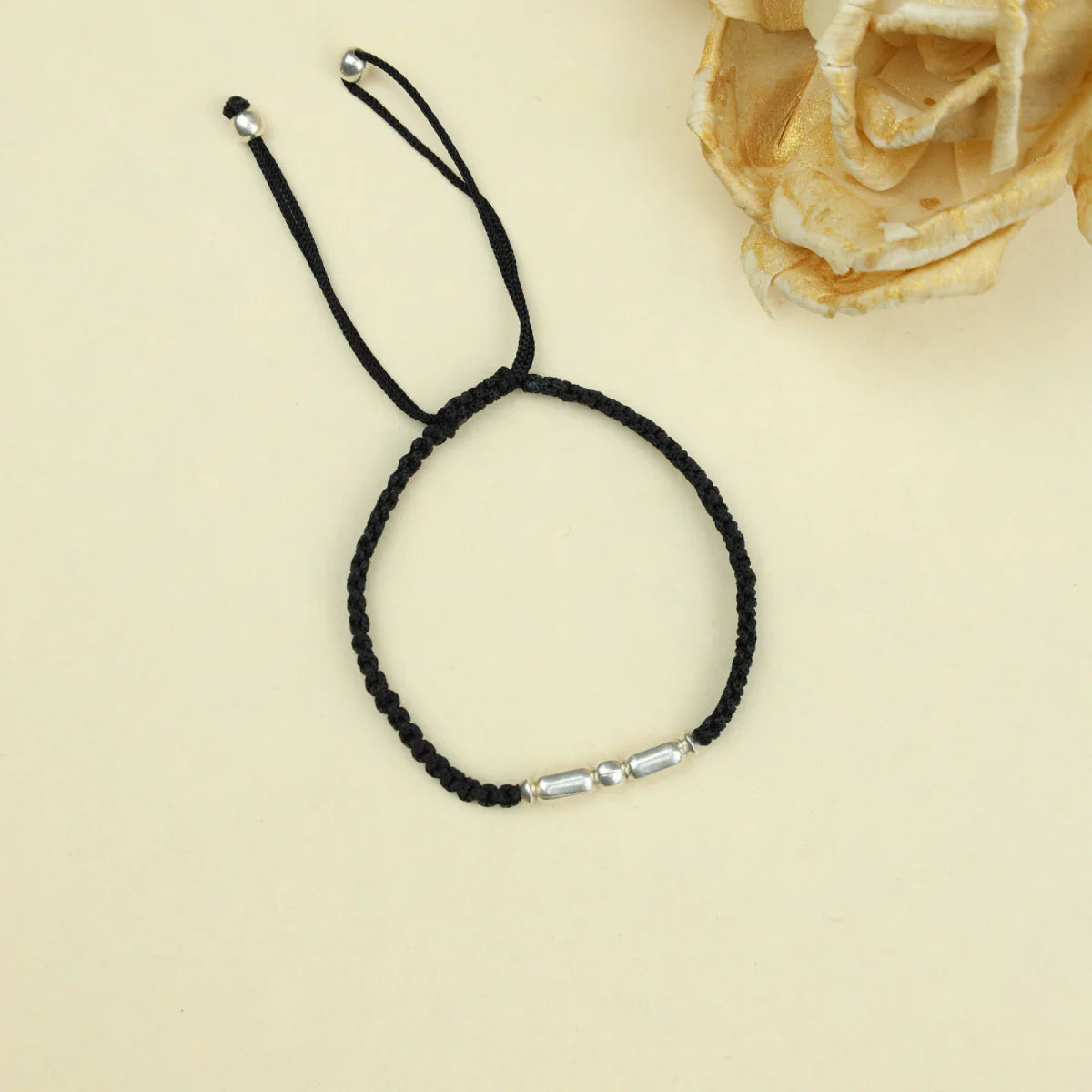 Silver Single Cylindrical Beads Black Thread Anklet
